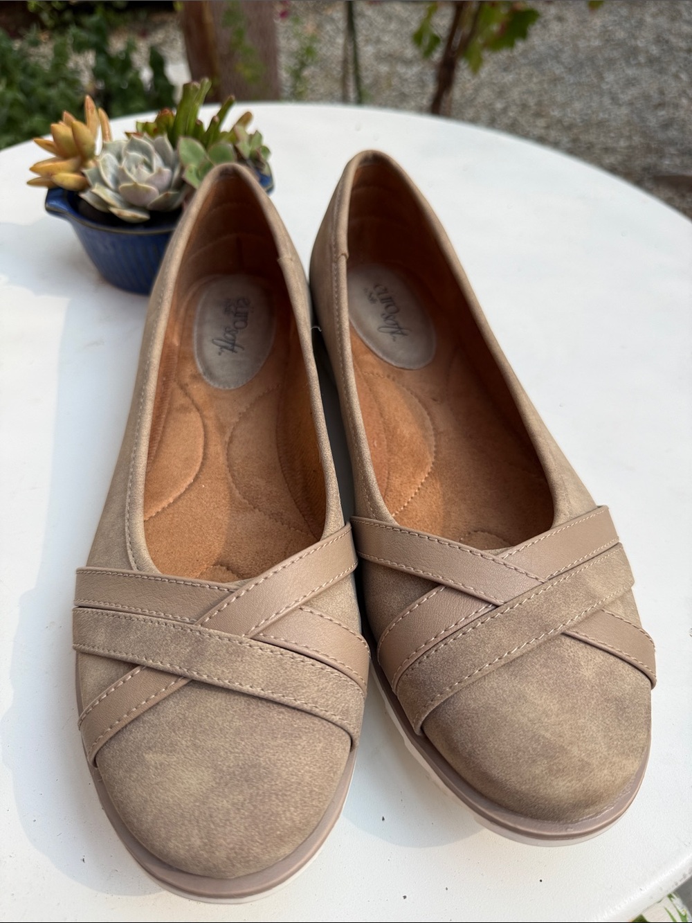 Women’s Neutral Taupe Slip-On Ballet Flats with Crisscross Straps